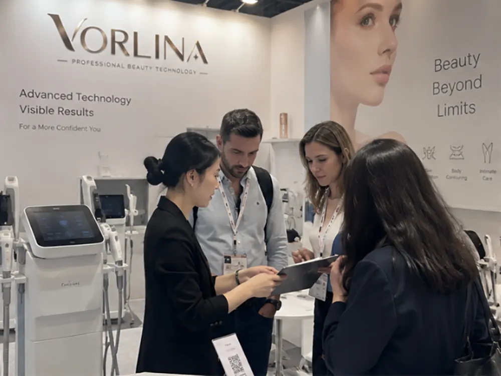 VORLINA stand and buyers at an international beauty trade fair