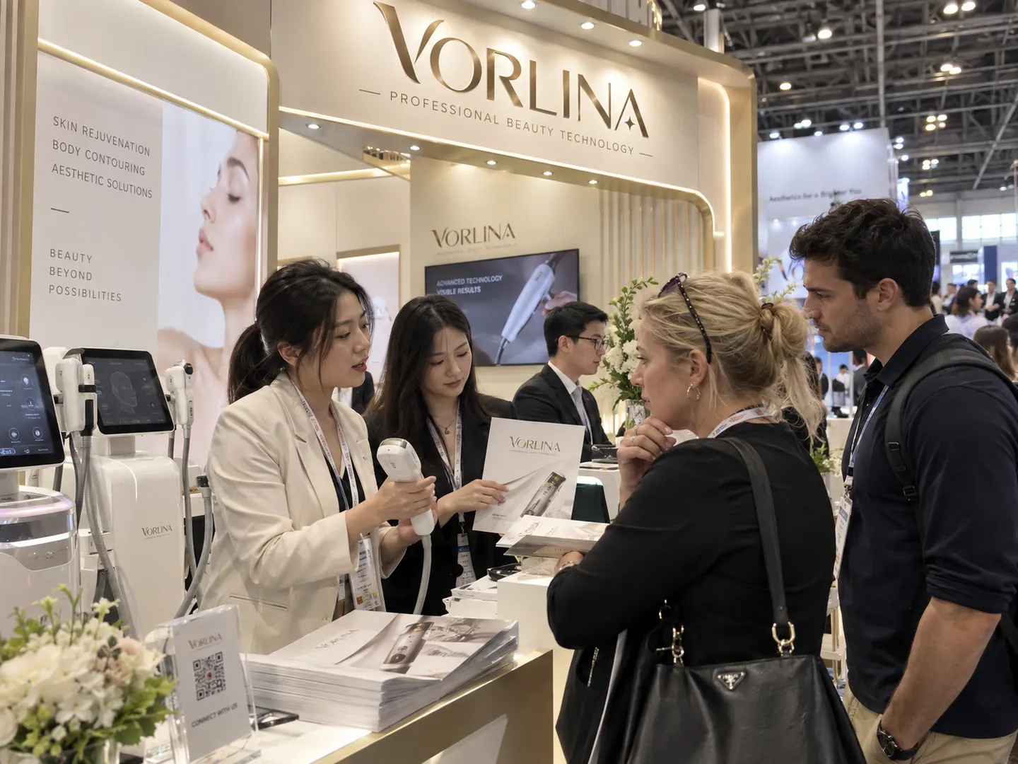 VORLINA team demonstrating a device to visitors at the fair