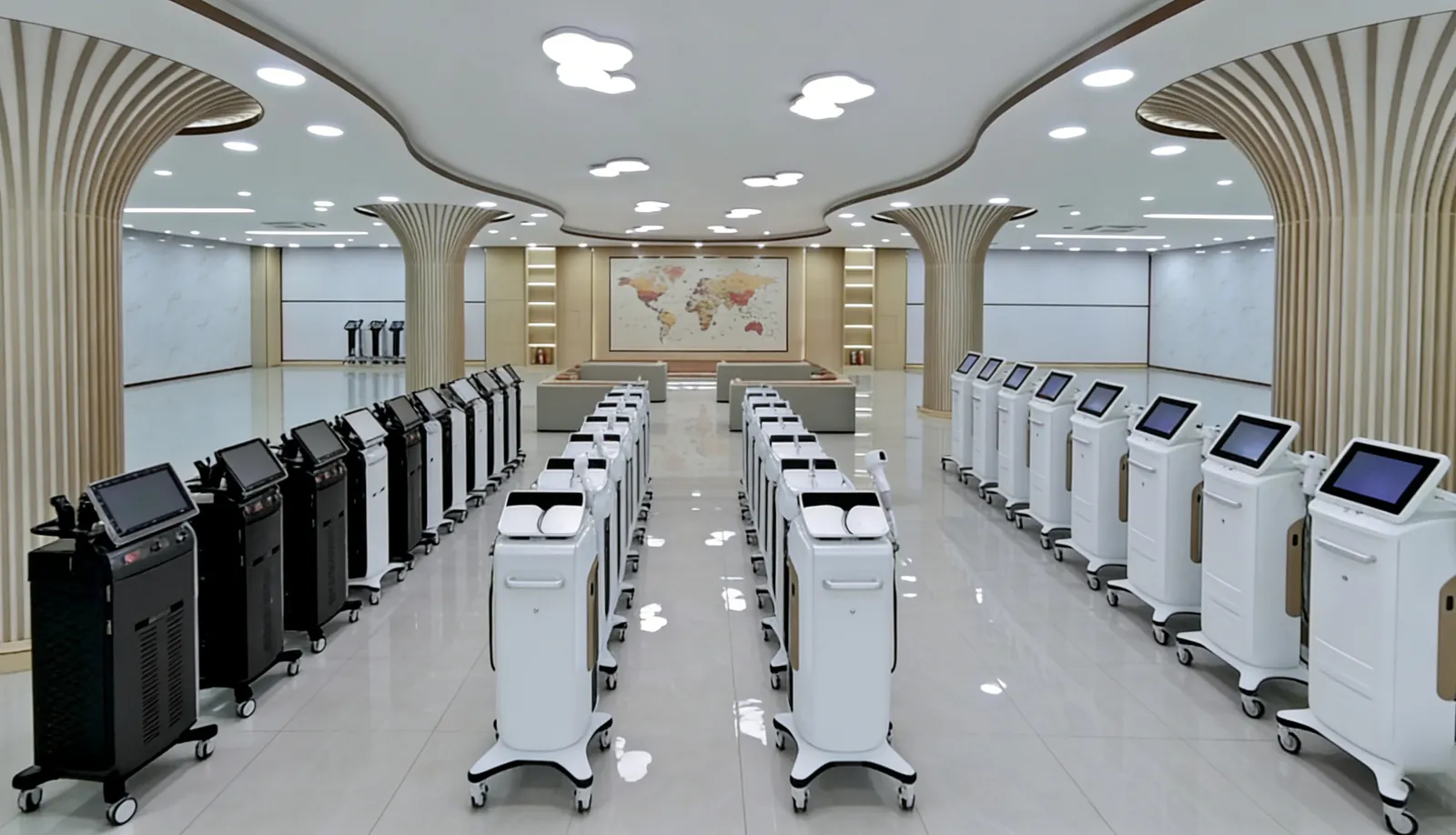 VORLINA showroom with rows of aesthetic devices